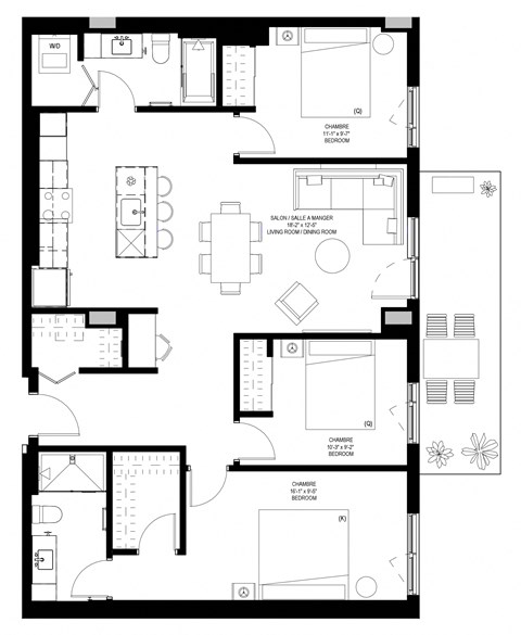 Floor plan for 3 beds, 2 baths, 1222 sqft